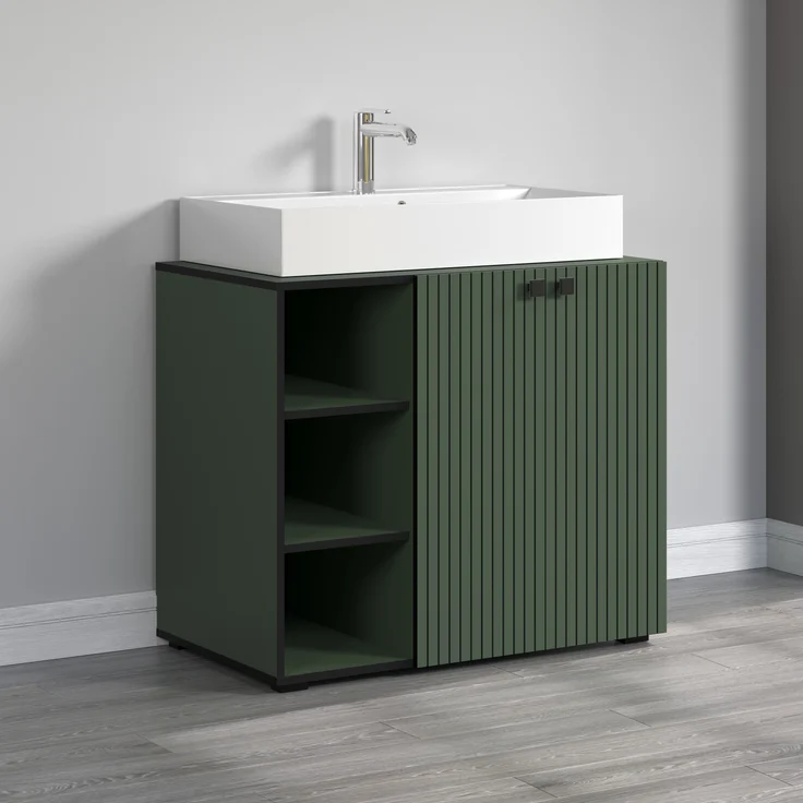 trendteam smart living - PureBliss - Waschbeckenunterschrank - Grün - Rillenoptik - 3 offene Fächer + 1 Einlegeboden + 80cm Aufsatzwaschbecken - (BxHxT) 90 x 91 x 53 cm - edle Metallgriffe – Bild 4