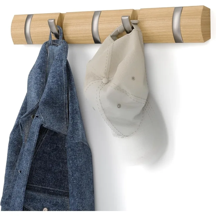 Umbra Flip 5 Garderobenhaken – Moderne, Schlichte und Platzsparende Garderobenleiste mit 5 Beweglichen Haken für Jacken, Mäntel, Schals, Handtaschen und Mehr, Natur