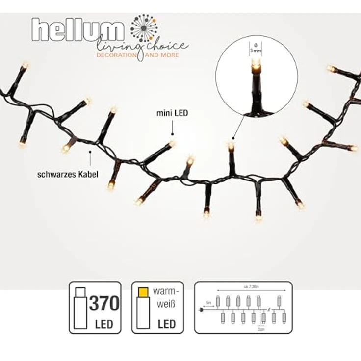 hellum Lichterkette außen mit 370 warmweißen LED, beleuchtet 7,38 m mit schwarzem Kabel, LED Lichterkette außen mit Stecker und Timer, outdoor im Cluster (Snake) - Design – Bild 3