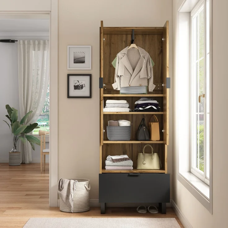 Garderobenschrank-1St, 1 Schubkästen, Ein Fach mit verstellbaren Einlegeböden,mit Kleiderstange--Natürlich--180x38x65cm--YOUDENOVA – Bild 3