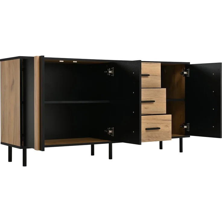 Merax Sideboard 140 x 35 x 70 cm aus MDF, Kommode mit 3 Türen und 3 Schubladen, Beistellschrank, Schrank mit 6 stabilen Metallbeinen, Schwarz + Naturholzfarbe – Bild 8