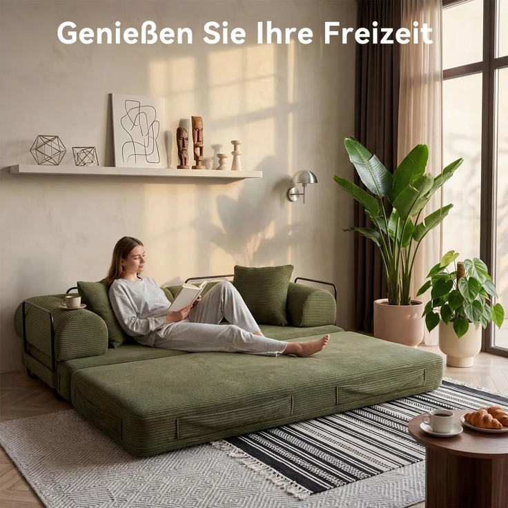 Aoxun Kordstoff Schlafsofa 200×97×70cm, 5-in-1 Umwandelbares Bodensofa, Hochdichter Schaumstoff, Haustierfreundlich, Keine Montage, Grün – Bild 3