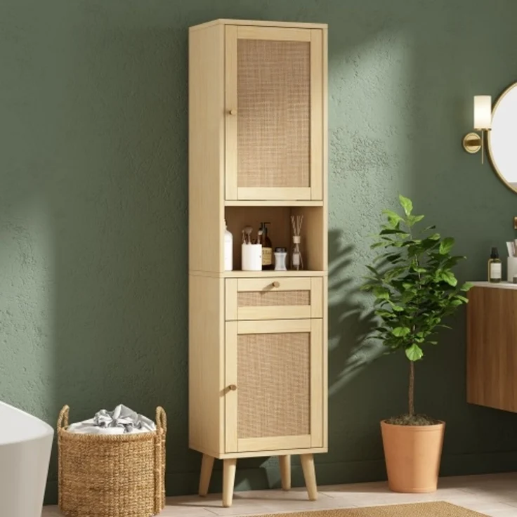 Flieks Badezimmer-Hochschrank 40x30x166 cm, Badschrank aus MDF in Naturholzfarbe mit Rattan-Türen, Schublade, Soft-Close & wendbarer Montage – Bild 2