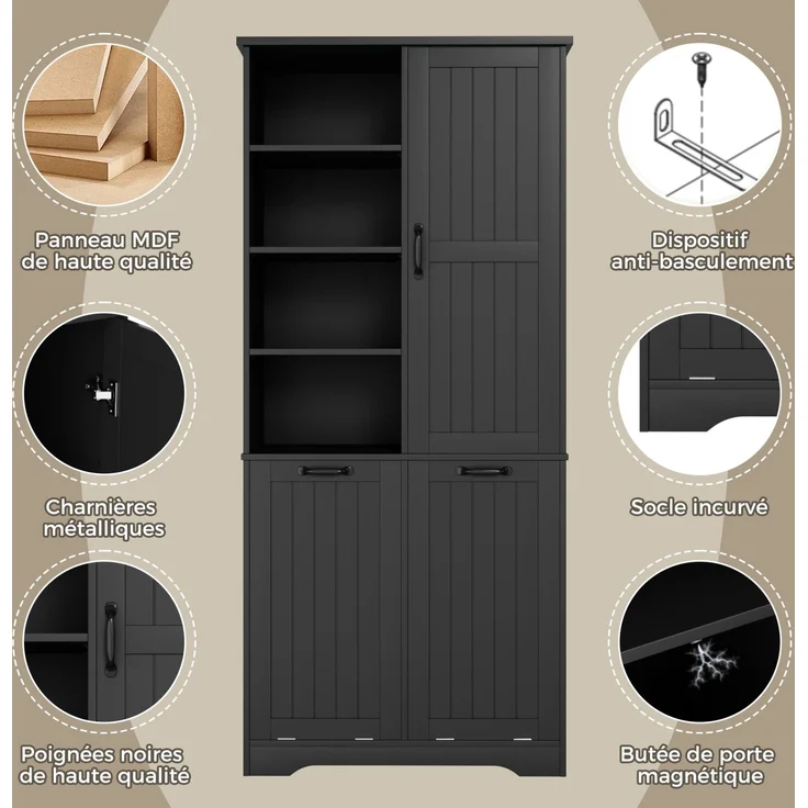 Badezimmerschrank 78 x 35 x 172,7 cm mit 2 Wäschekörben und verstellbarem Einlegeboden – Schwarz – Bild 5