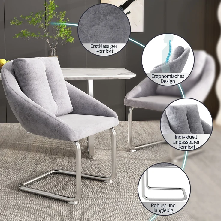 Esszimmerstuhl 4er-Set, Samtbezug, ergonomisch, Grau,82*59*65 cm – Bild 8