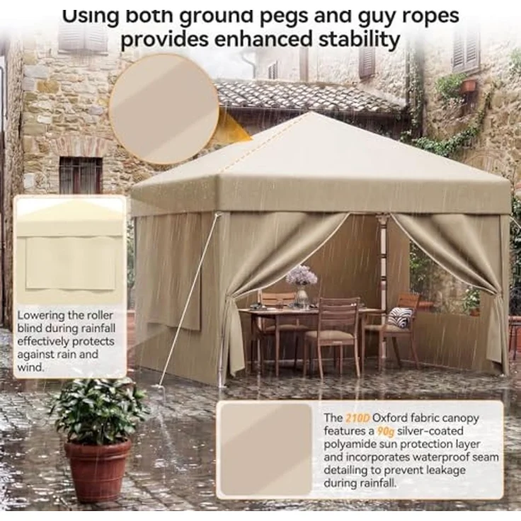 JUMMICO 3x3 m Faltpavillon mit Insektenschutz & Belüftung｜Rollos + Lüftungsfenster｜1-Minuten Schnellaufbau｜10cm höhere Dachfläche,Beige – Bild 2