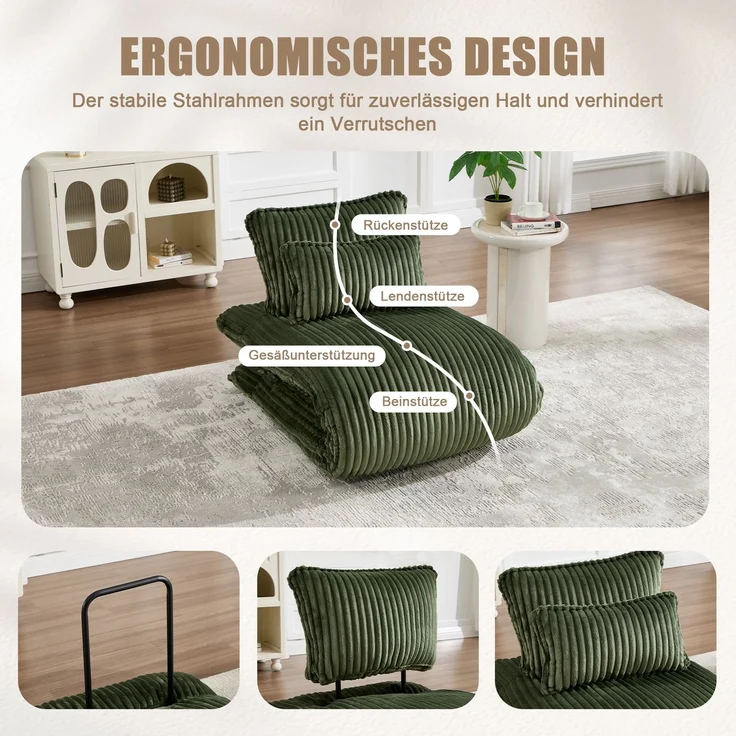 LVHOM Schlafsessel mit Bettfunktion, 227 cm Klappsessel Bodensessel mit Stahlrahmen, klappbarer Relaxsessel inkl. 2 Kissen, bis 150 kg belastbar, Cord Grün – Bild 3