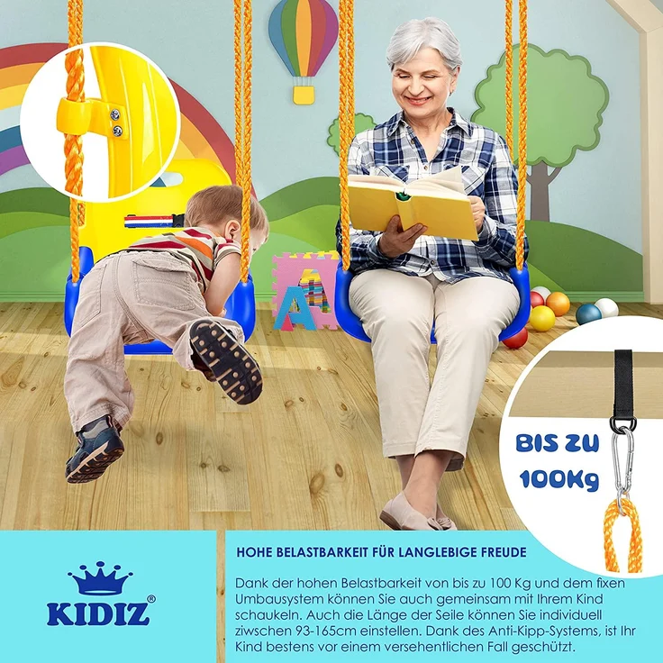 KIDIZ® Babyschaukel Kinderschaukel 3 in 1 Babysitz verstellbar Mitwachsend Schaukelsitz Gartenschaukel für Baby Kinder mit Rückenlehne und Anschnallgurt belastbar bis 100kg Indoor Outdoor Gelb – Bild 4