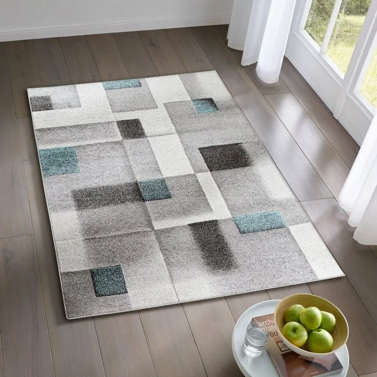 TaCa Home Teppich Designer Kurzflor Teppich Moderne Kunst, rechteckig, Höhe: 12 mm, Wohnzimmer Schlafzimmer Esszimmer, Karos Blau - 80 x 140 cm