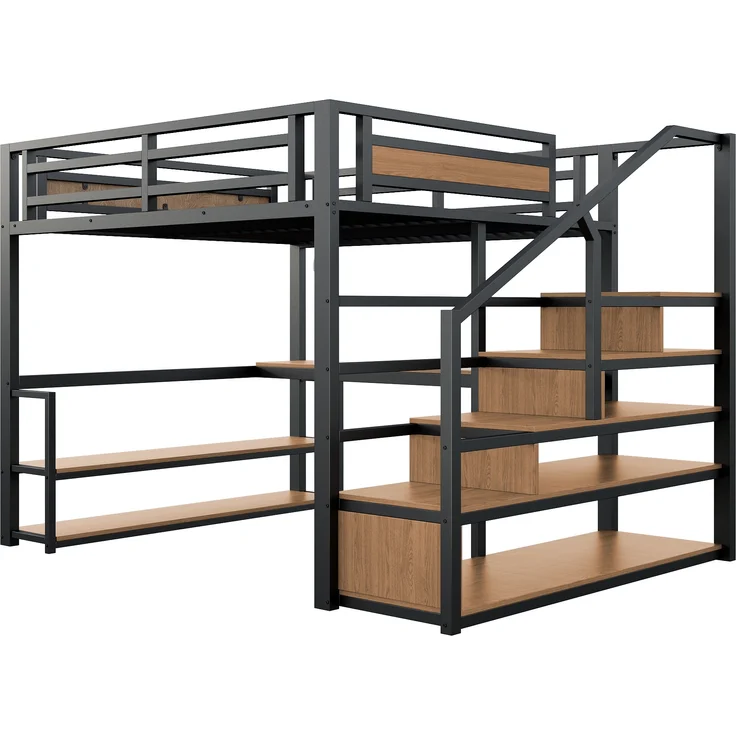 Metall-Hochbett mit Aufbewahrungsleiter,Regalen und Tisch Sicherheitszaun-Design mit gespleißten Metallplanken Hohes Eisenrahmenbett mit Metallrahmen für stabile Unterstützung,Metall,Schwarz,140 x 200 cm – Bild 8