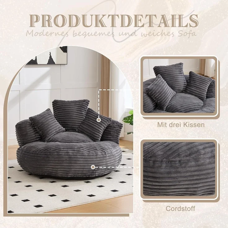 Couch Sitzsack Lounger Boneless Hoher Rücken 3 Kissen Cord Dunkelgrau – Bild 5