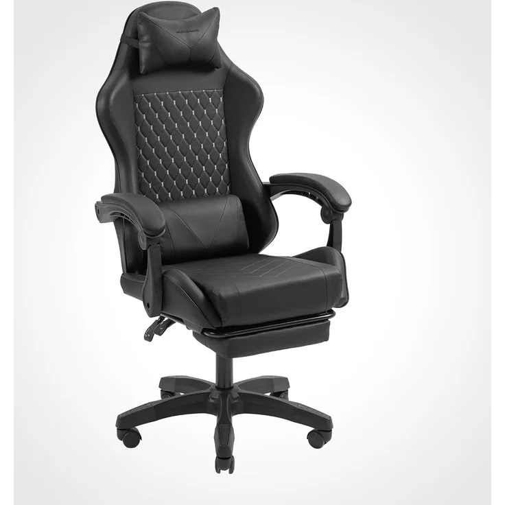 MARS GAMING MGC-X, Ergonomischer Gaming-Stuhl, Kunstleder, Verstellbare Rückenlehne und Höhe, Dynamische Armlehnen, Nacken- und Lendenkissen, Bürostuhl mit Ausziehbarer Fußstütze, Schwarz