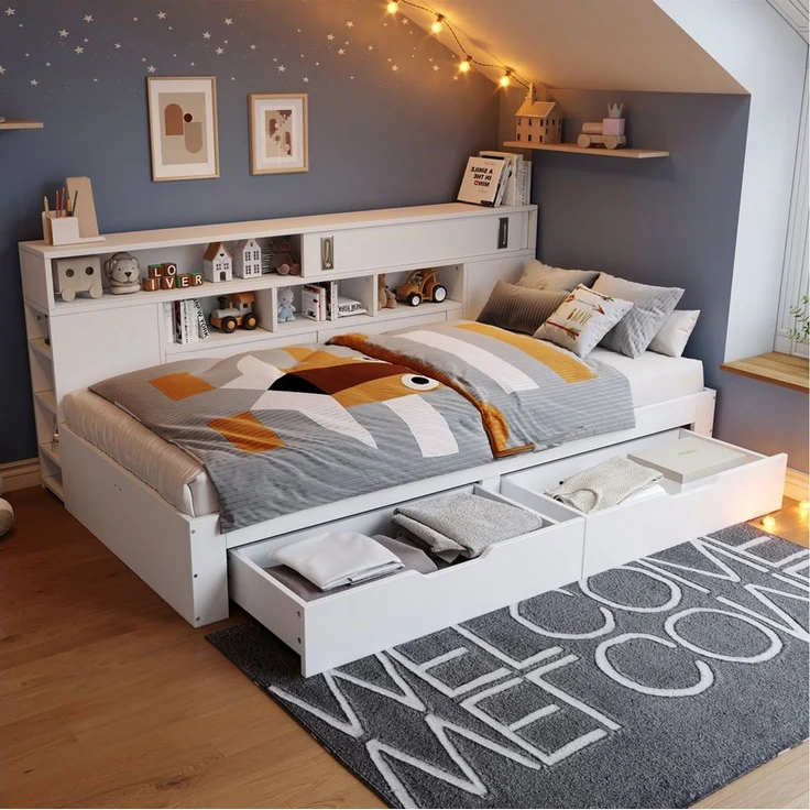 EXTSUD Kinderbett Kinderbett 90×200 cm – Daybed mit Schubladen, Regal & Stauraum (Bettkasten mit Stauraum,ohne Matratze,weiß), mit Schubladen,Bücherregal und Stauschrank – Bild 4