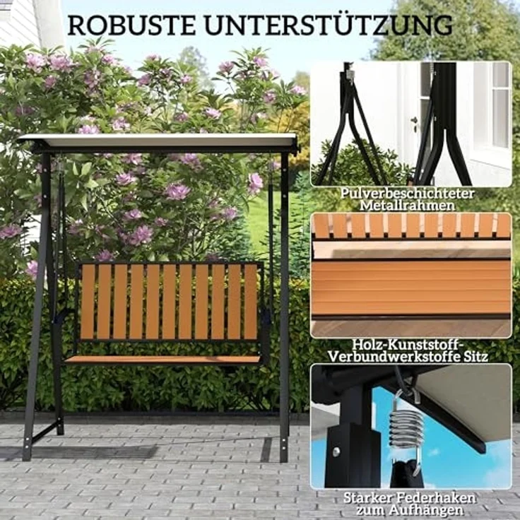 Outsunny Hollywoodschaukel mit verstellbarem Sonnendach, 2-Sitzer, Schaukelfunktion, 2-Sitzer Gartenschaukel, 1 tlg, wetterfest Schaukelbank, für Garten, Terrasse, 142 x 112 x 162cm, Schwarz – Bild 4