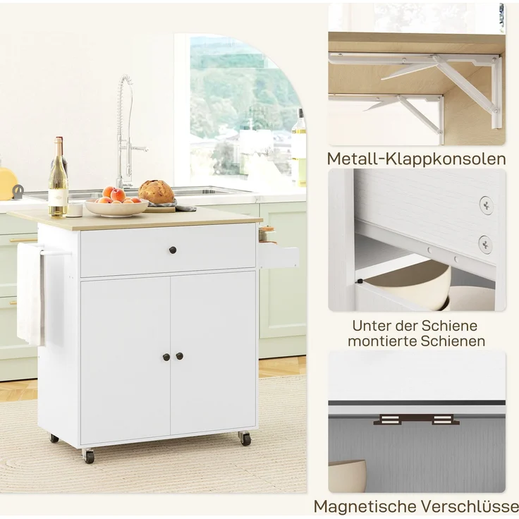 Küchenwagen 106 x 42 x 87 cm aus MDF, weiß, mit klappbarer Arbeitsplatte – Bild 3