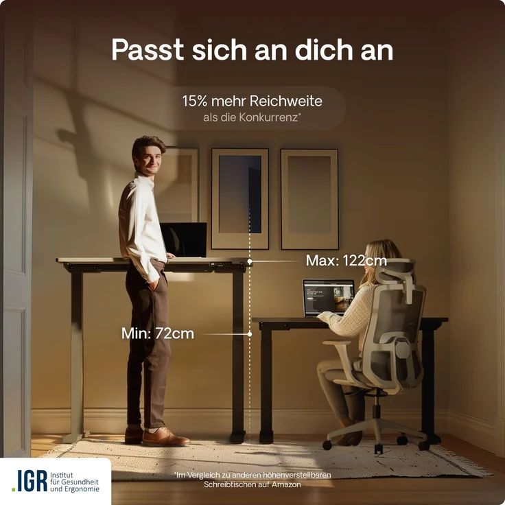 Desktronic HomeOne Elektrisch höhenverstellbarer Schreibtisch 120x60cm Schwarz/Grau mit Memory-Funktion, Anti-Kollisions Technologie, USB-A und USB-C-Ladeanschlüssen – Bild 7