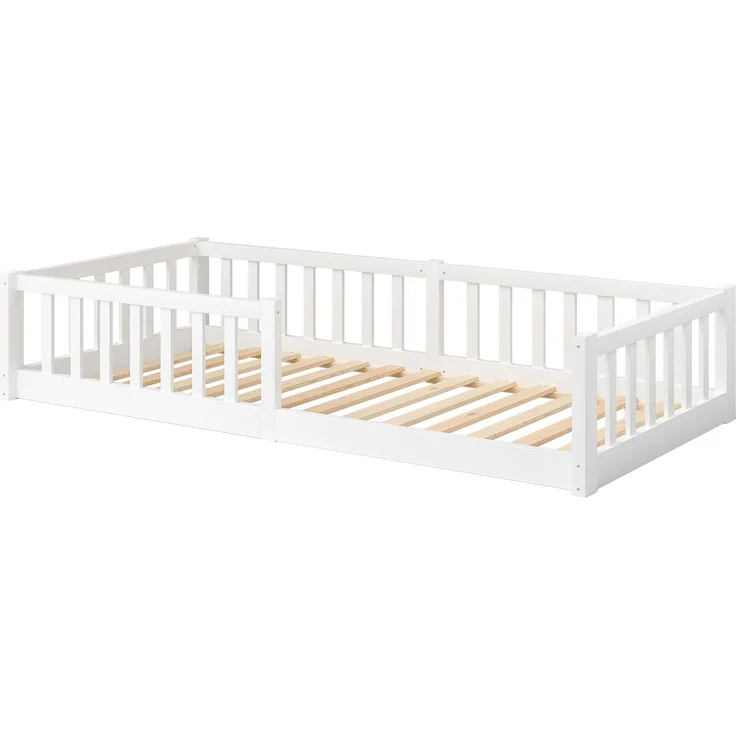Bellabino 'Vere' Bodenbett 90x200 cm mit Matratze, weiß, Massivholz Kiefer, Montessori Kinderbett mit Rausfallschutz und Lattenrost – Bild 2