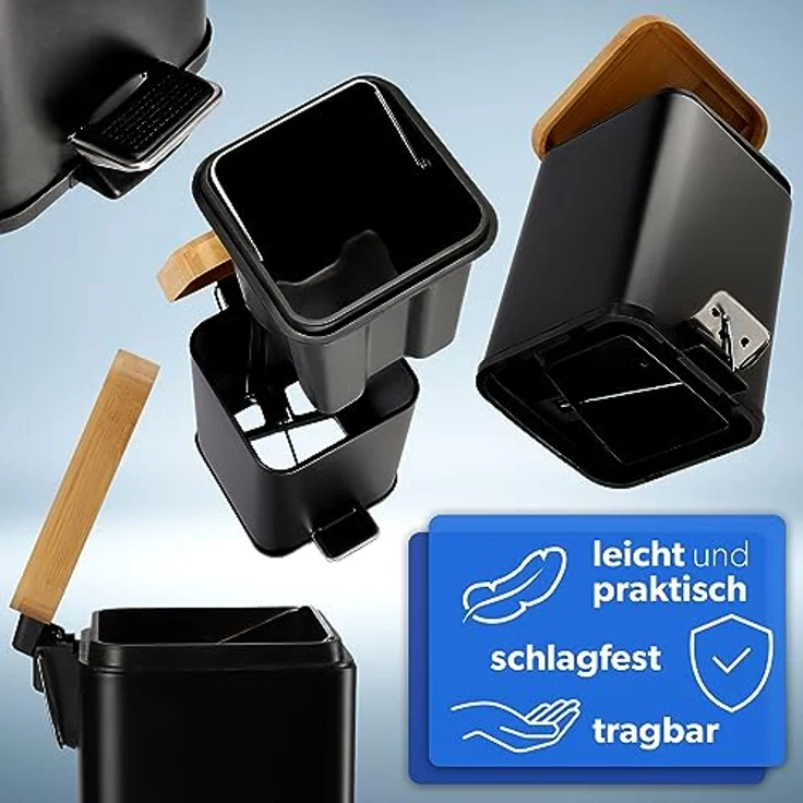 KADAX Abfallbehälter, 3L Kosmetikeimer mit Fußpedal und Absenkautomatik, pulverbeschichtet, mit Bambusdeckel (Schwarz) – Bild 5