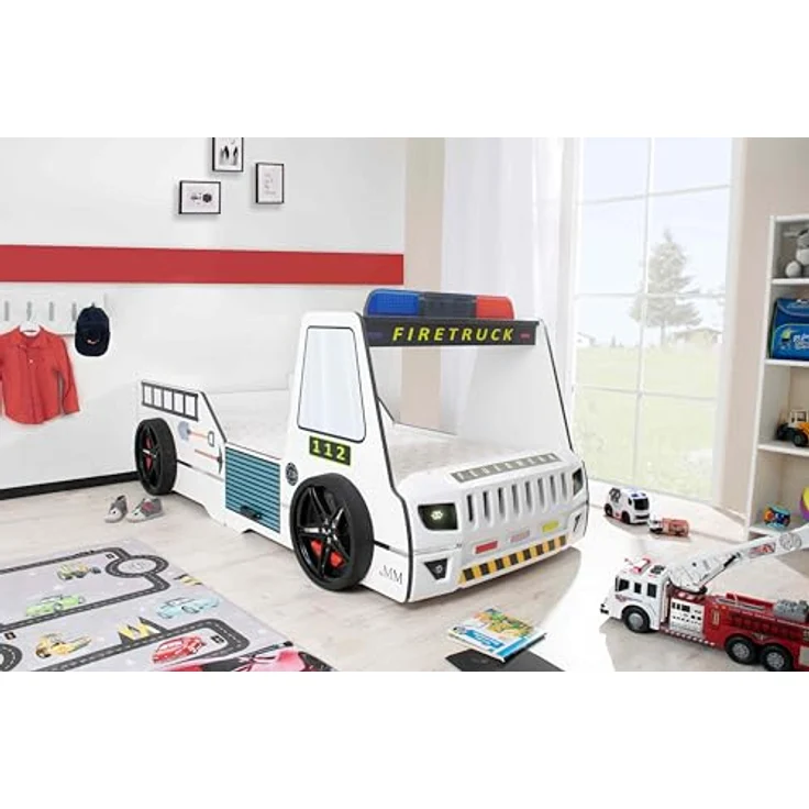 Autobett Kinderbett 90x200 Feuerwehrbett "Rio Firetruck" Hochglanz mit LED Leuchte Weiß – Bild 2