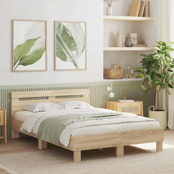 vidaXL Bettrahmen mit LED Sonoma 137 x 190 cm Holzwerkstoff 3402848