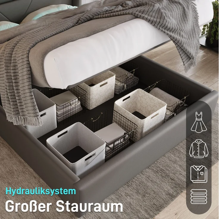 CHICFURN Polsterbett PU Grau 160x200 cm mit LED-Beleuchtung und hydraulischem Bettkasten – Bild 6