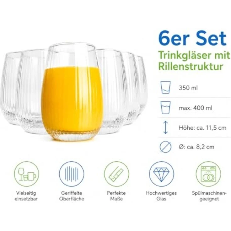 6 Trinkgläser 350ml (max. 400ml) mit geriffelter Oberfläche Cocktailgläser Saftgläser – Bild 5