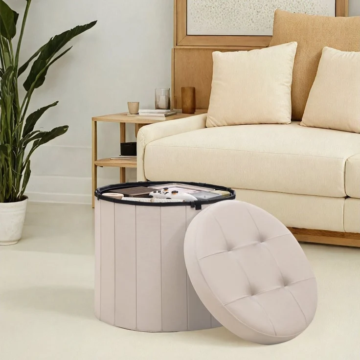 SONGMICS MAZIE Kollektion – Sitzhocker rund, Fußhocker mit Stauraum, faltbarer Hocker mit abnehmbarem Deckel, einfache Montage, Samt, Wohnheim, Schlafzimmer, Wohnzimmer, cappuccinobeige – Bild 1