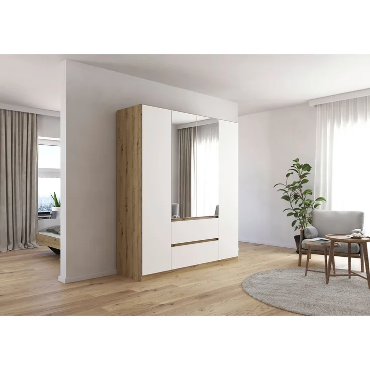 rauch Mainz, Kleiderschrank 4-türig, 2 Spiegeltüren, 2 Schubkästen, Push-to-open mit Griffmulde, mit 3 Einlegeböden, 3 Kleiderstangen, Farbe Weiß/Eiche Artisan, BxHxT 181x210x54 cm