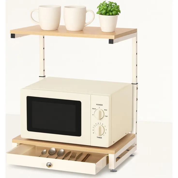 Todeco Verstellbares Mikrowellenregal, 2 stufiges, Mikrowellen Küchenregal Organizer mit Schublade, cremeweiß, Platzsparendes Küchenregal, höhenverstellbar (35–62 cm), langlebig.