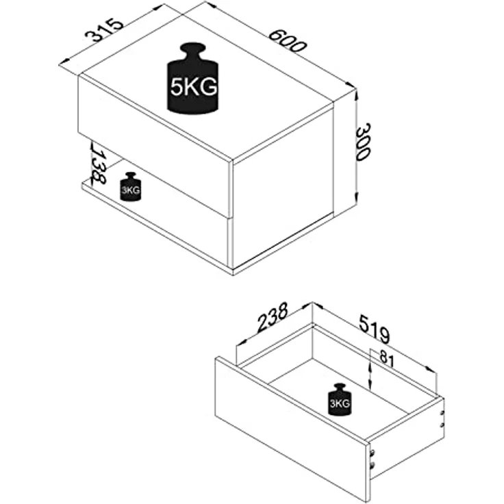 MID.YOU Nachtschrank, Weiß aus Holzwerkstoff mit 1 Schublade, 60x30x32 cm für Schlafzimmer – Bild 3