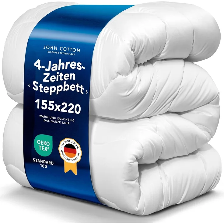John Cotton 4 Jahreszeiten Bettdecke 155x220 - Atmungsaktive 3-in-1 Bettdecken für Sommer & Winter | Oeko-Test Zertifiziert Steppdecke | Warme Schlafdecke | Decke 155x220 cm