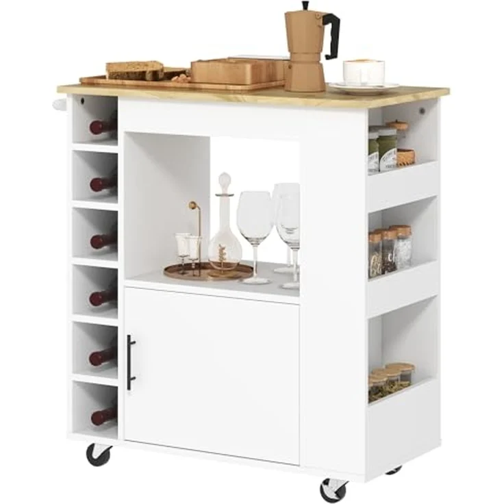 HOMCOM Küchenwagen Küchenwagen mit Schrank, Arbeitsplatte, Ablagen, Weinregalen, (Rollwagen mit Soft-Close-Scharnieren, 1 St, Kücheninsel), für Büro, 83x40x83cm, Eiche – Bild 1