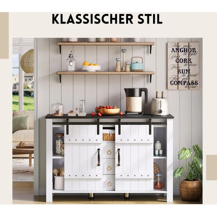 SeedWave Buffet Retro Küchenschrank 120cm Sideboard mit 2 Schiebetüren, Schubladen Anrichte inkl. 2 höhenverstellbare Metallfüße, Kippschutz-Set – Bild 1