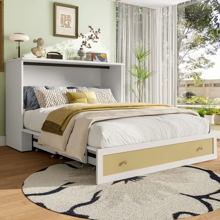 Schrankbett 140x200 cm mit USB-Anschluss und Steckdose,Weiß, MDF, umbaubares Plattformbett mit großem Stauraum, Klappbett – Bild 3
