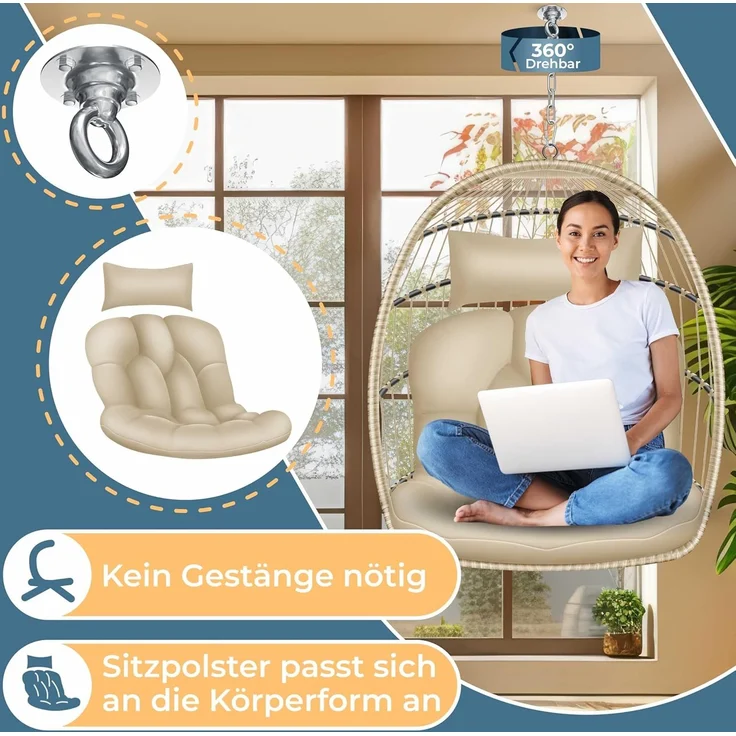 KESSER® Hängesessel Jungle mit Gestell Stahl Hängekorb Sessel Inkl. Großen Kissen + Decken Halterung - Hängeschaukel Hängesitz Indoor - Outdoor Schaukel Hängestuhl für Kinder und Erwachsene Beige – Bild 6