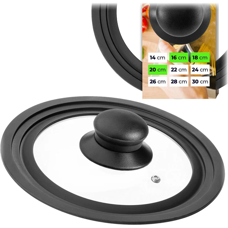 KADAX Universaldeckel 16/18/20 cm, Universal Deckel für Töpfe & Pfannen, Pfannendeckel, Glasdeckel mit Silikonrand und Dampfloch, Topfdeckel (Schwarz) – Bild 1
