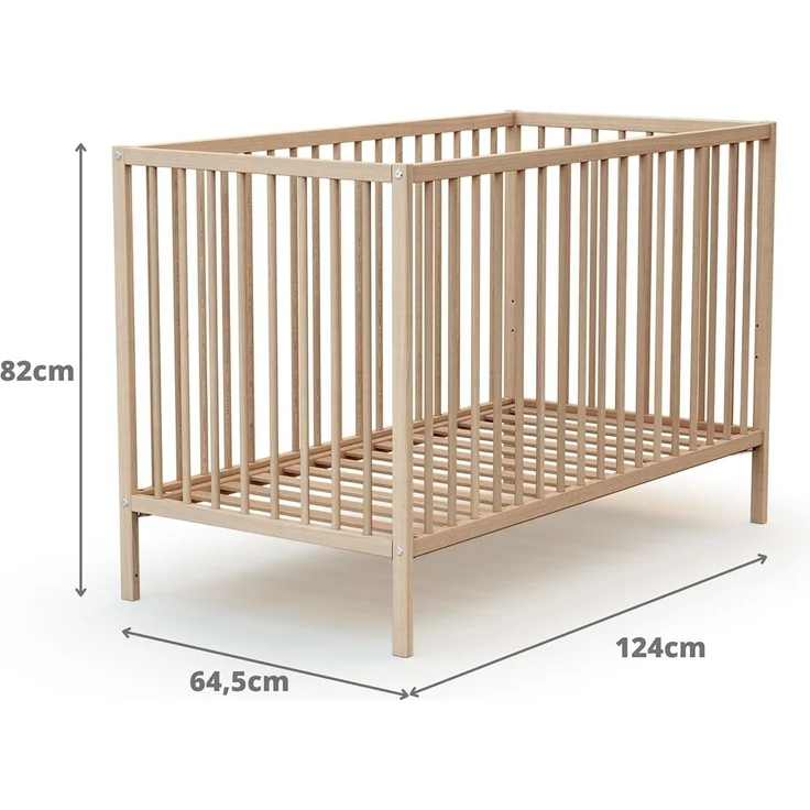Webaby - Babybett Holz 60x120 cm Buche Natur ONE | 124 x 64,5 x 82 cm |Kinderbett | Von Geburt an | Schlafkomfort | Lattenrost | Bett mit Gitterstäben | Verstellbarer Lattenrost in 3 Höhen – Bild 5
