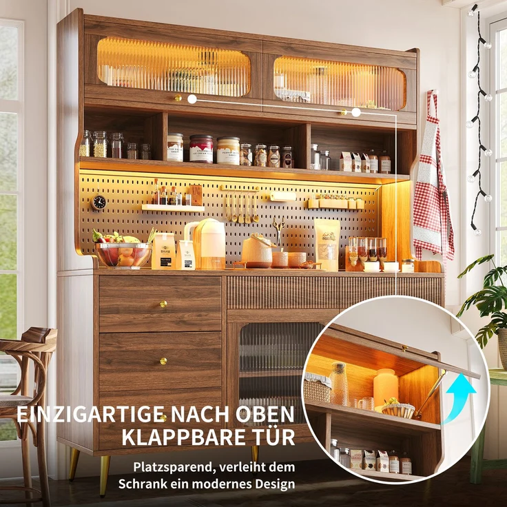 ZUBALIYA LED-Küchenschrank 145x39x171 cm, mit App-Steuerung, mit Stauraum, MDF/Glas, Nussbaum – Bild 8