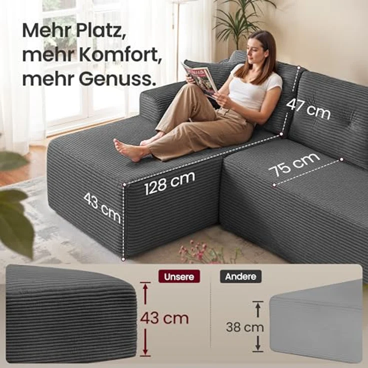 VASAGLE Ecksofa, modulares Sofa 244 cm breit, vakuumverpackt, Schlafsofa, Keine Montage erforderlich, mit großer Chaiselongue Links, für Wohnzimmer, Gästezimmer, schiefergrau LCS183GN01 – Bild 2