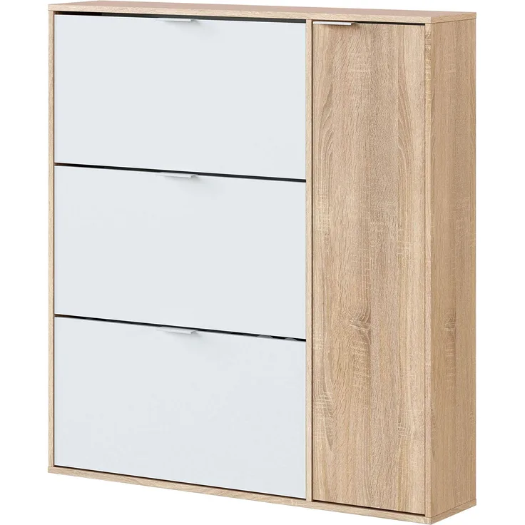 Schuhschrank mit drei Klappen und einer Tür, Farbe Weiß und Eiche, Fassungsvermögen 30 Paar Schuhe, 106 x 115 x 22 cm