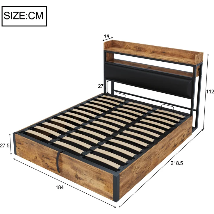 Bettrahmen 180 x 200 mit hydraulischer Hebevorrichtung, USB, gepolstertem Kopfteil, Vintage-Design aus Holz und Metall, verstecktem Stauraum Doppelbett Moderne Schlafzimmermöbel Schwarz – Bild 6