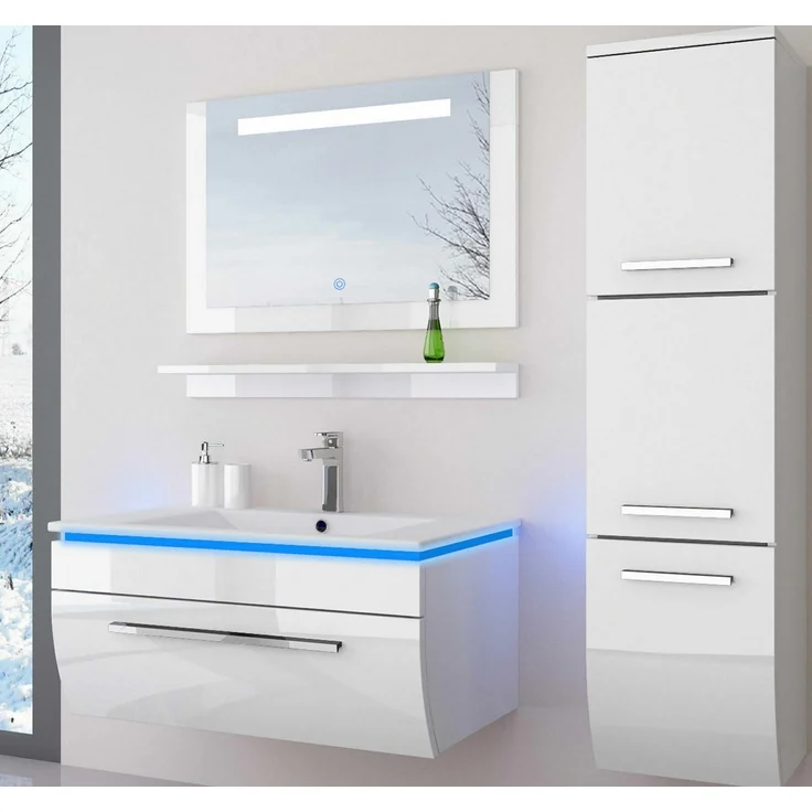 Homeline Badmöbel-Set Badmöbel Set Weiß Hochglanz lackiert LED System tauschsystem, (Komplette Set ohne wasch dich Armatur und Ablaufgarnitur, 5-St, Set Angebot), Hochglanz lackiert tauschsystem inklusiv LED – Bild 5