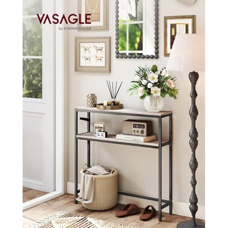 VASAGLE Konsolentisch, schmaler Sofatisch mit 2 Ablagen, 20 x 80 x 80 cm, Flurtisch, 2 Ebenen, für Flur, Wohnzimmer, Schlafzimmer, Greige meliert-tintenschwarz LNT130K02 – Bild 2
