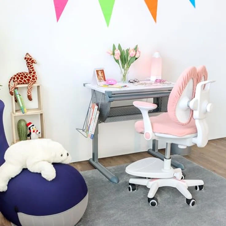 hjh OFFICE 736415 Kinder Schreibtischstuhl Kid Wing Stoff Kinderschreibtischstuhl mit Fußablage, Armlehnen klappbar, Rosa/Weiß – Bild 3