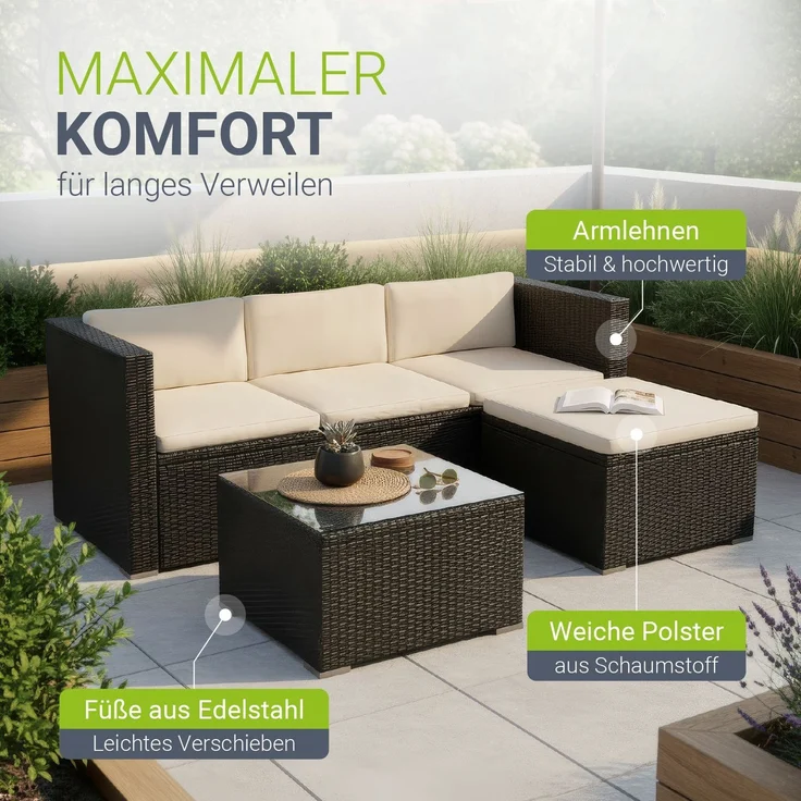 Juskys Polyrattan Lounge Punta Cana M schwarz inkl. Abdeckung – Gartenlounge Set für 3-4 Personen – Sitzgruppe mit Sofa, Tisch & Hocker - Sitzbezüge in Creme – Bild 5