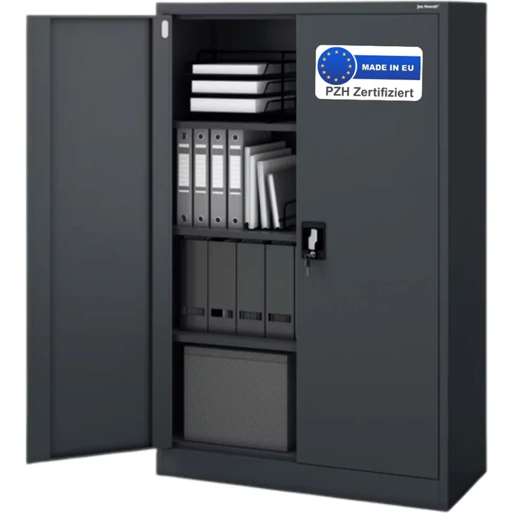 Aktenschrank abschließbar KADO - 4 Ebenen verstellbar, Flügeltüren | Metallschrank Werkstatt Mehrzweckschrank Büroschrank aus Stahl Werkzeugschrank, 140x90x40cm Anthrazit – Bild 1