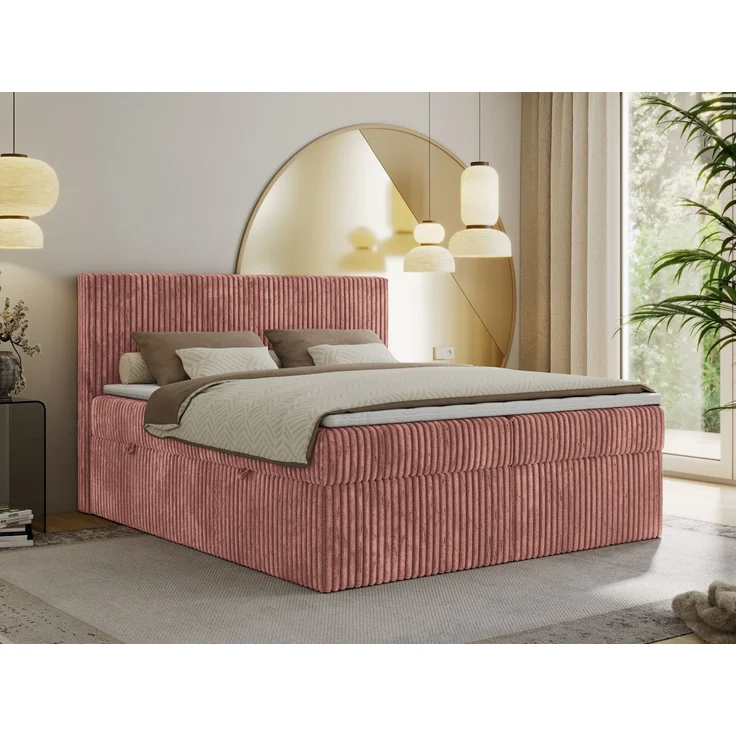 Boxspringbett mit Kopfteil und Topper Visco, Cord Bett - TILIANO - 200 x 200 cm - Rosa Cord - H4 – Bild 1