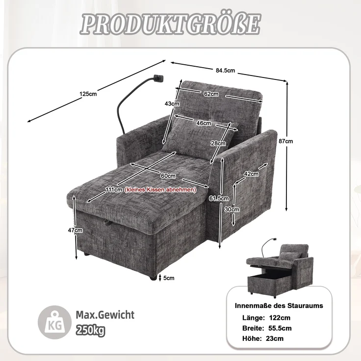 LVHOM Einzelsofa mit Handyhalterung, Polsterliege mit Bettkasten und Seitentaschen, Relaxsessel Schlafsofa mit versteckten Stauraum – Bild 4