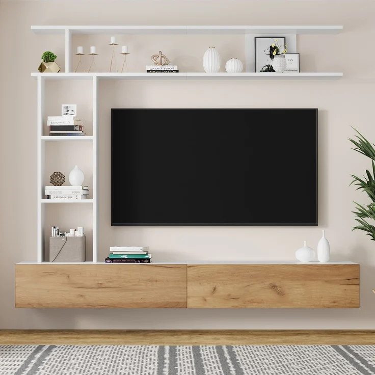 180*35*22.5cm TV Wohnwand-set mit Vitrinen,Mediawand inkl. TV-Board, Standregal und Wandregal,TV Wohnzimmermöbel-Set,TV-Schrank, stehend&hängend,TV bis 80',Weiß + Holzfarbe--Weiß + Eiche--95.99x36.5x16.99cm--YOUDENOVA – Bild 1