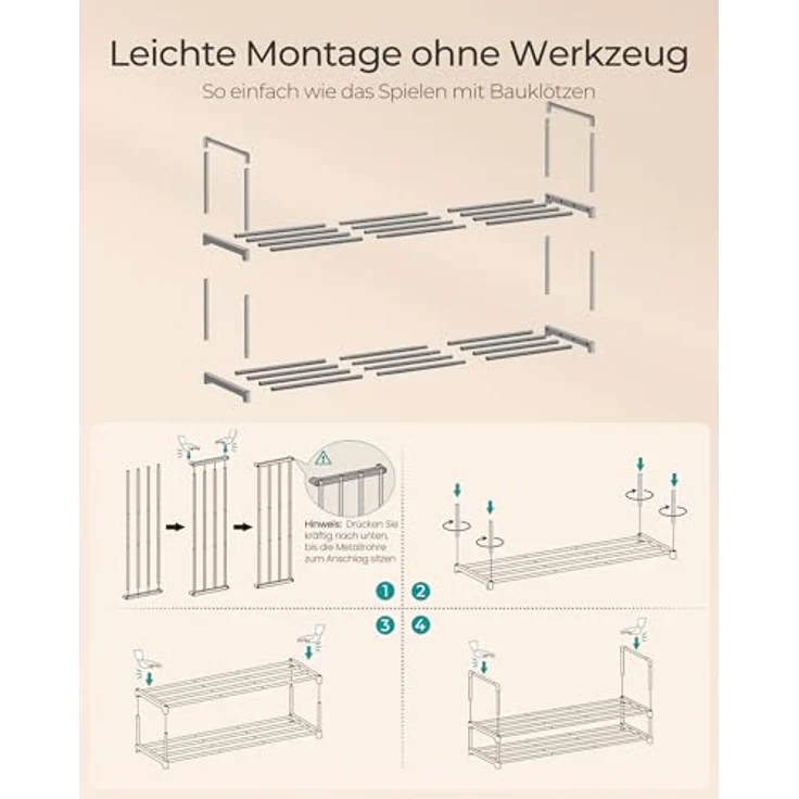Songmics Schuhregal mit 2 Ebenen, Schuhständer aus Metall, Schuhaufbewahrung, Schuh-Organizer für 8-10 Paar Schuhe, stapelbar, für Flur, Wohnzimmer, Schlafzimmer, 30 x 92 x 34 cm, grau LSA012G01 – Bild 8